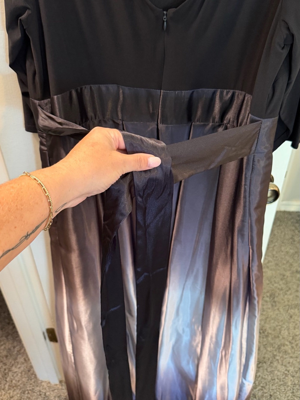 Ignite Evenings Ombre Satin Boat Neck 3/4 Sleeve Tie Waist Pocketed Gown 16W - Picture 9 of 12
